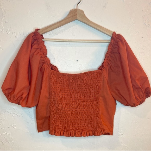 Flying Tomato Crop Top with Puff Sleeve Bright Red Orange - Picture 3 of 4